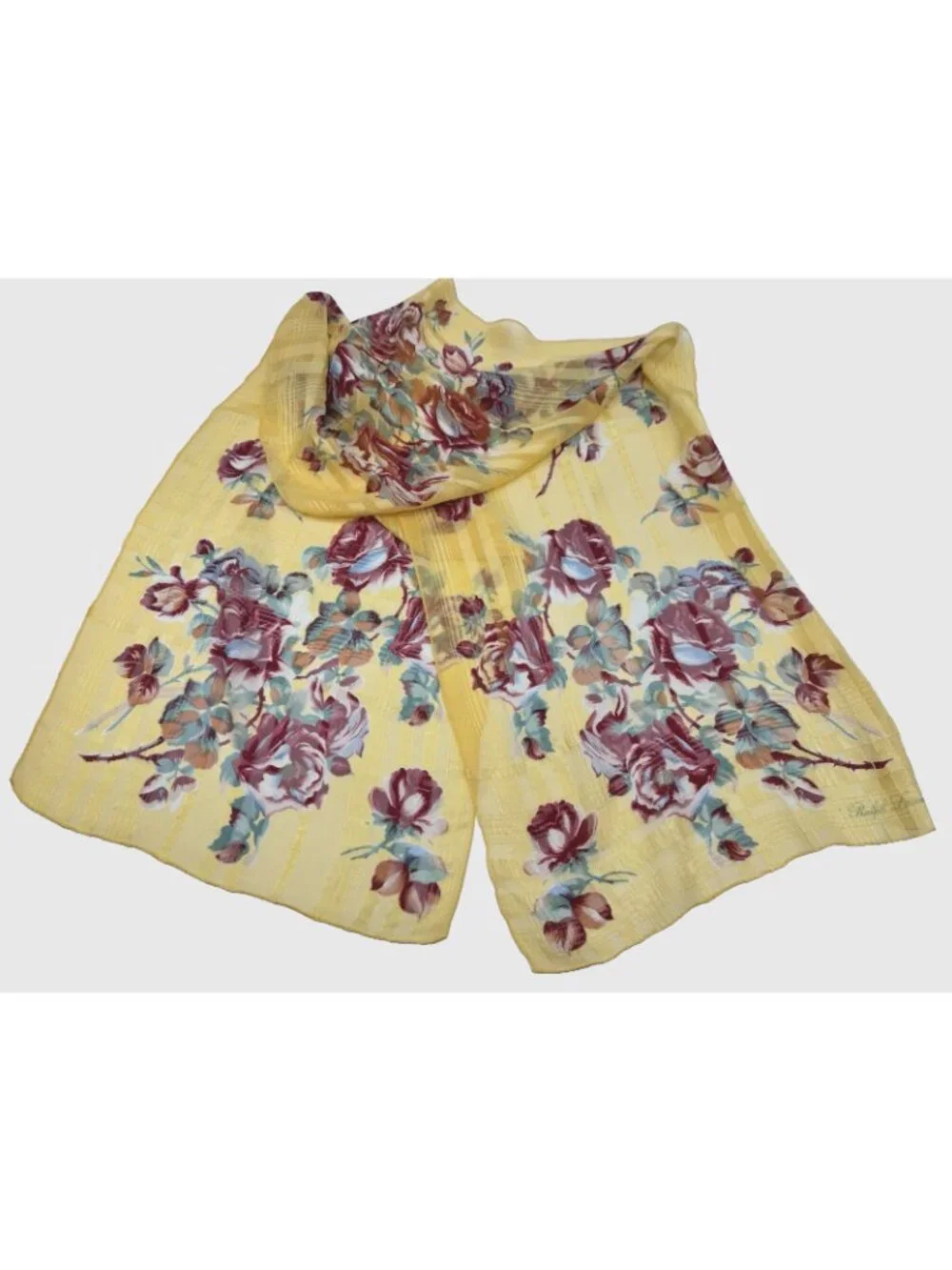 VTG Ralph Lauren Silk Chiffon Scarf Cabbage Roses, Stripes Cottagecore 15
